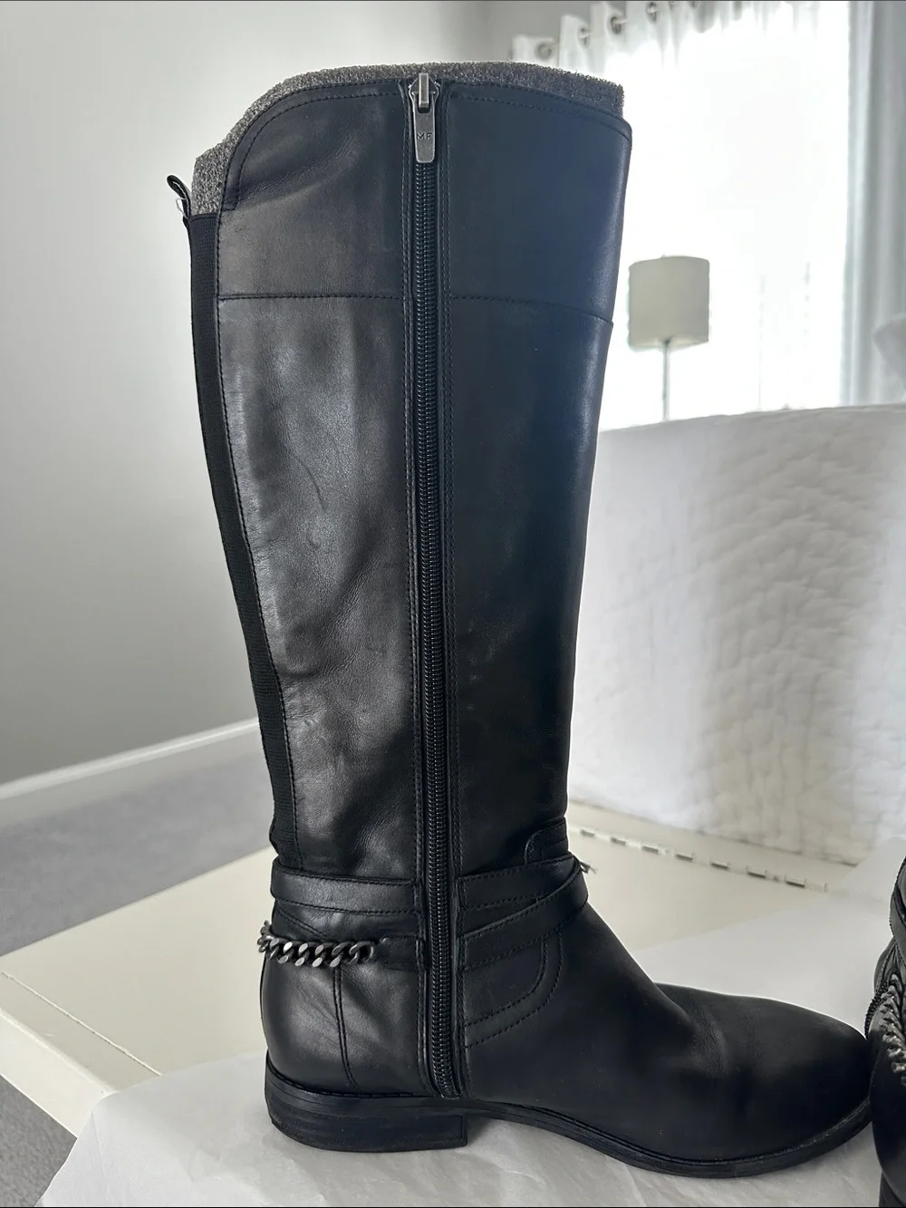 Marc Fisher Black Over-the-Knee Leather Boots with Chain Accent